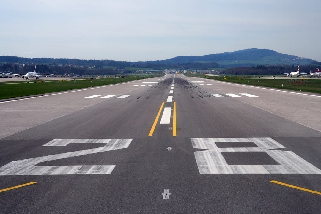 A typical precision runway with full touchdown zone markings - note the coded bar system that provides distance reference points for pilots and ground crews