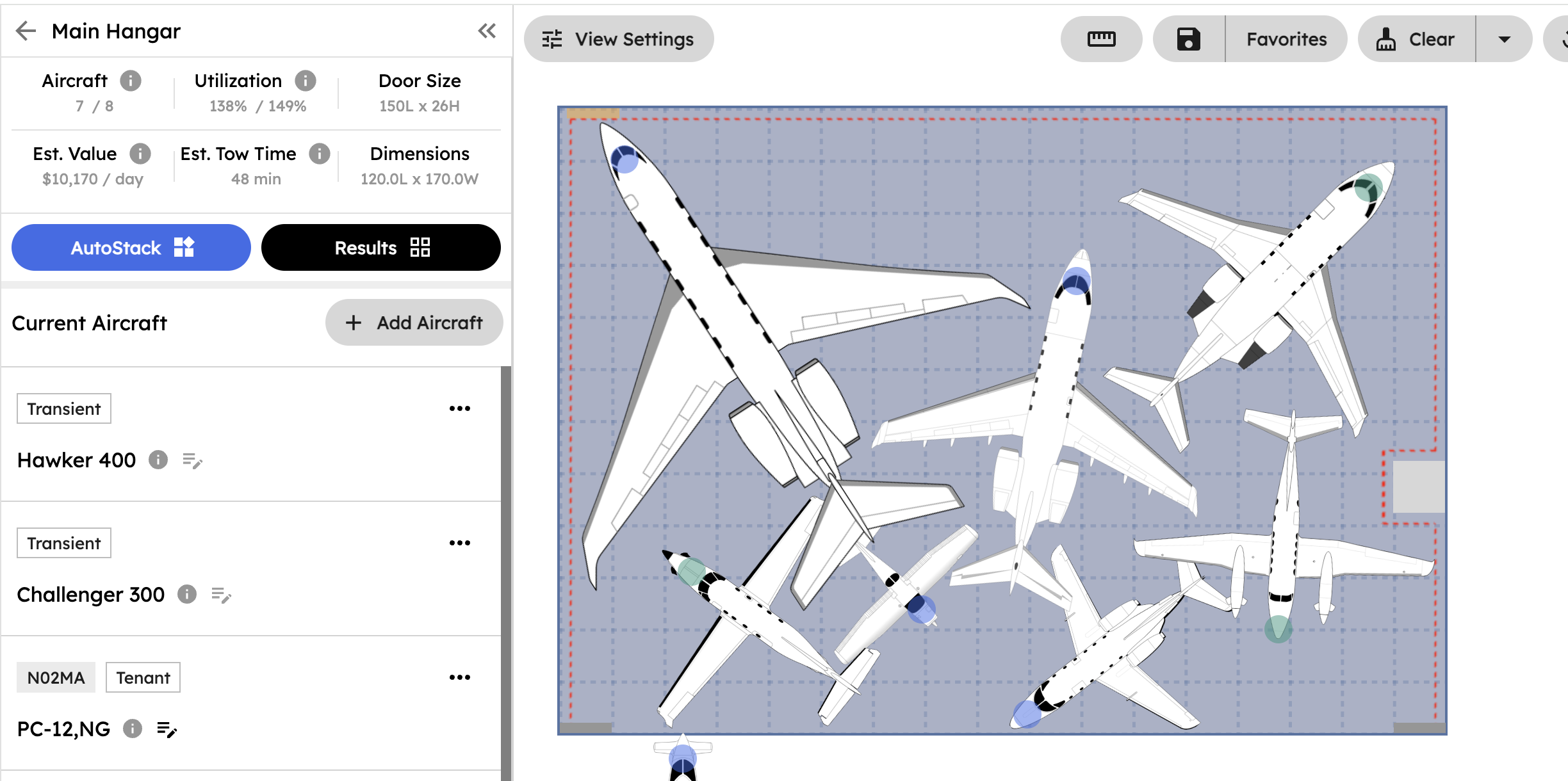 AirPlx AI-optimized hangar layout showing 138% utilization