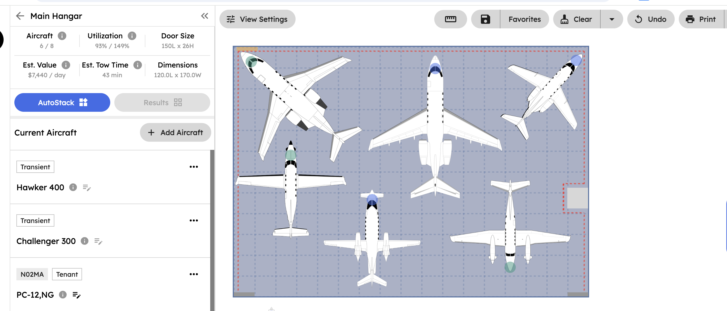 Traditional hangar stacking layout showing 93% utilization