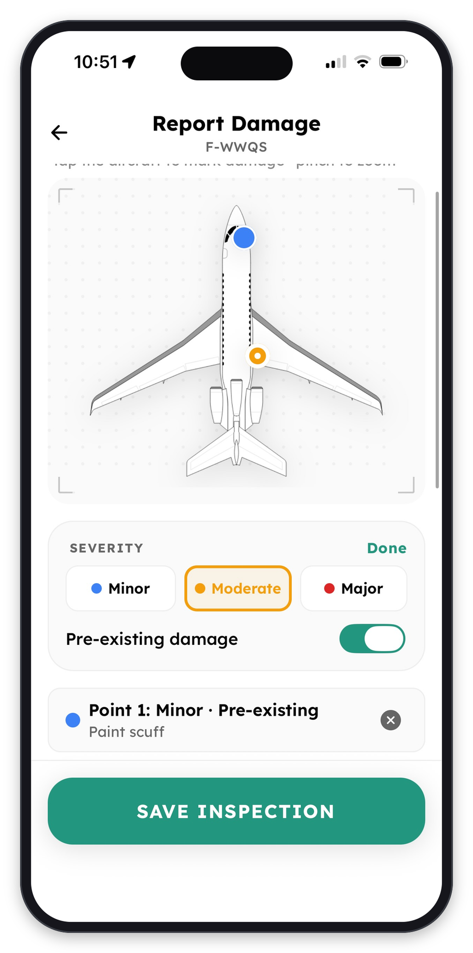 The Report Damage screen for F-WWQS with two points marked on the aircraft diagram and a severity picker