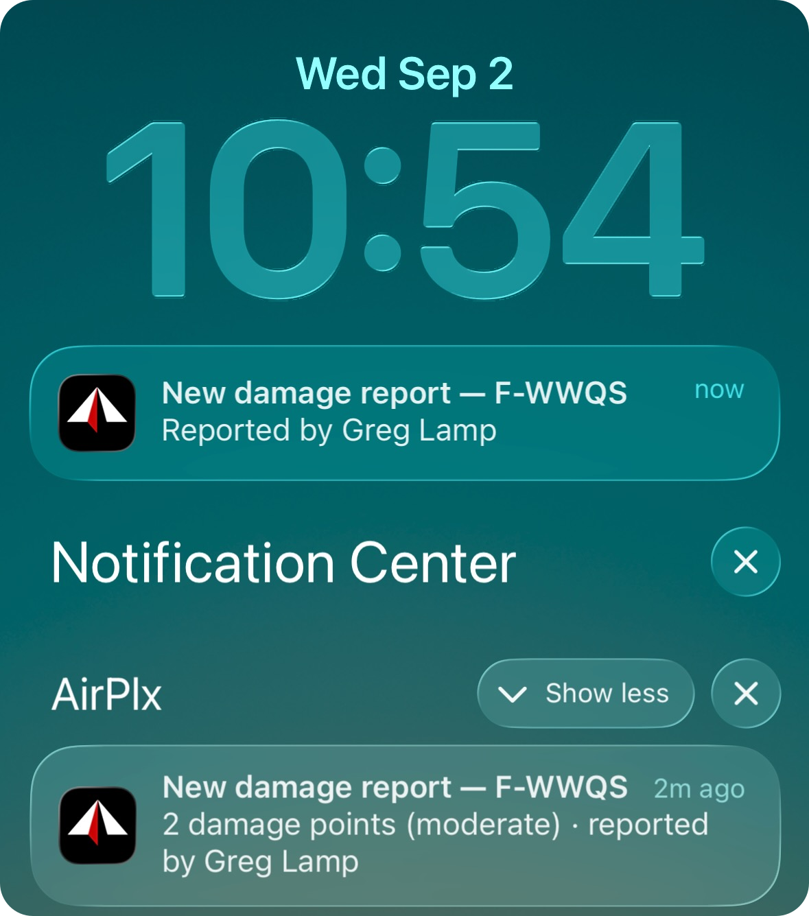 A phone lock screen showing an AirPlx push notification for a new damage report on F-WWQS