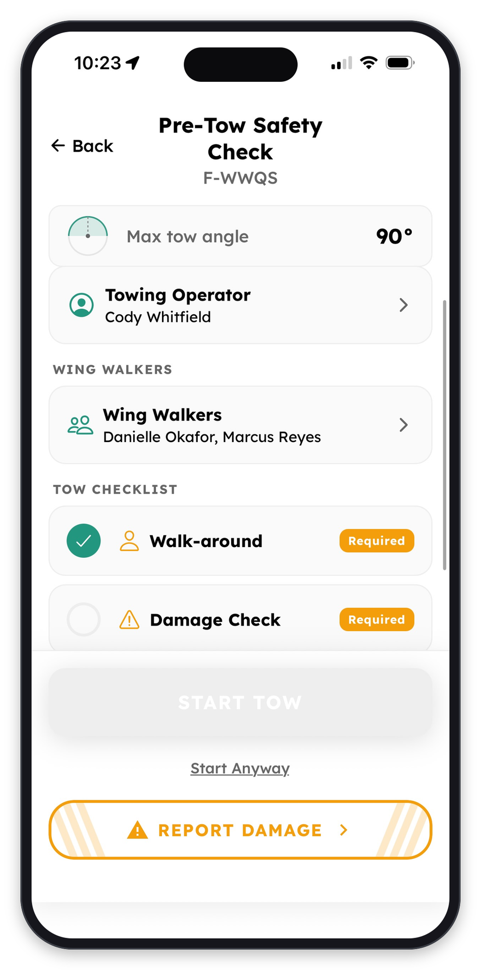 The Pre-Tow Safety Check showing max tow angle, the assigned towing operator and wing walkers, and the required checks