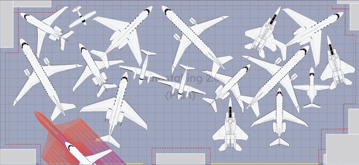 An AutoStack tow simulation animating one aircraft out of a full hangar, with its egress path traced behind it