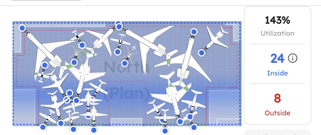 A dense AutoStack layout with 24 aircraft nested inside a single hangar at 143 percent utilization and 8 aircraft left outside