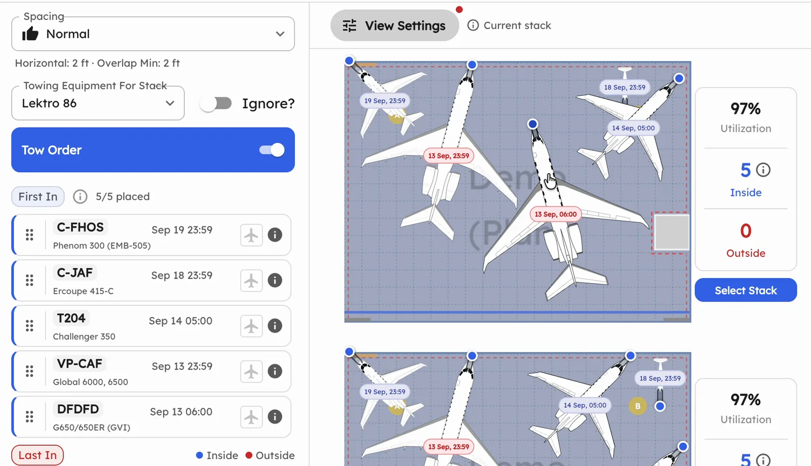The AutoStack panel with Tow Order enabled, showing five aircraft ordered from first in to last in by departure time beside a generated layout at 97 percent utilization