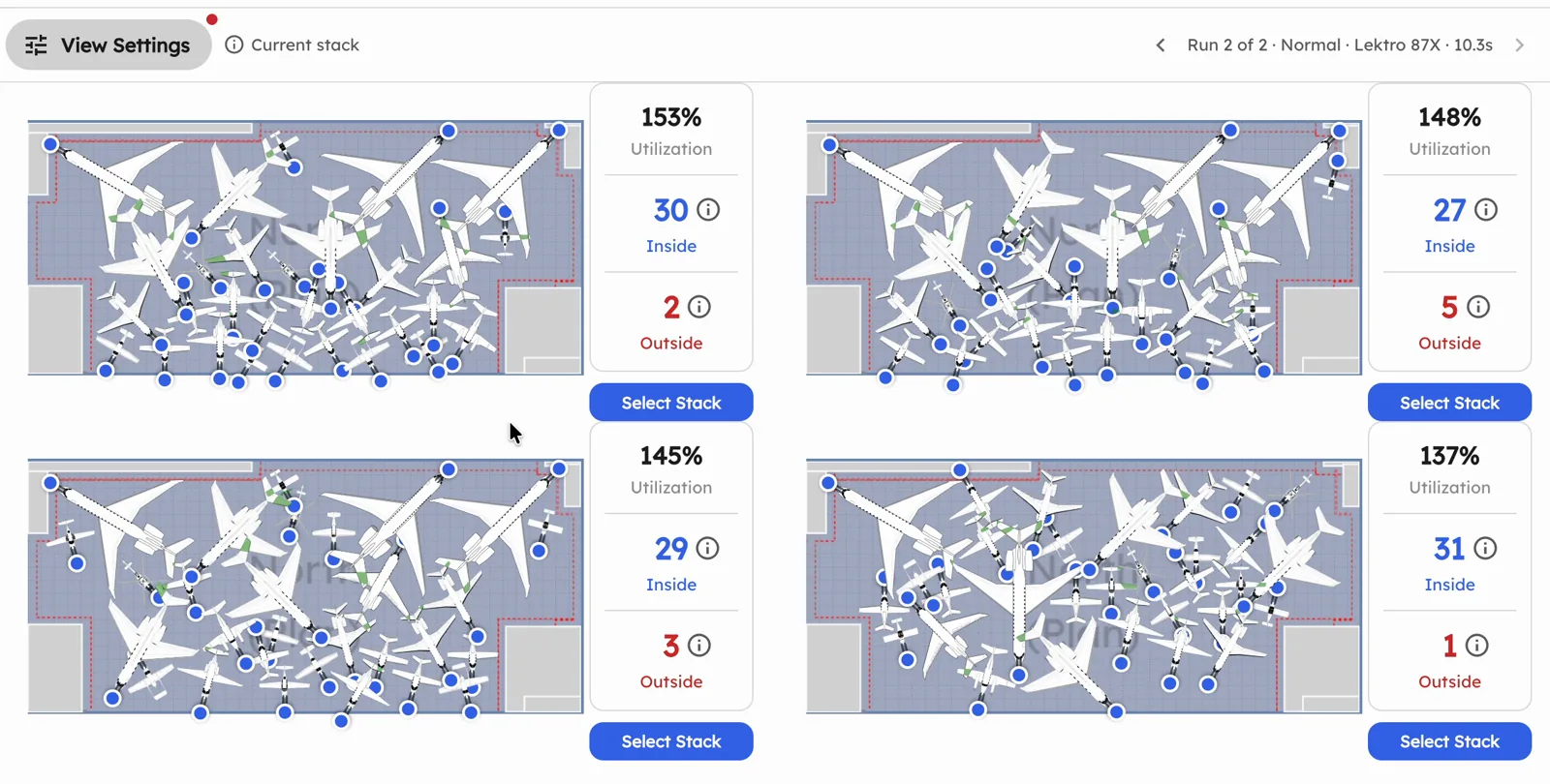 The AutoStack results view showing four candidate layouts for the same hangar, scored at 153, 148, 145 and 137 percent utilization, each with its own Select Stack button