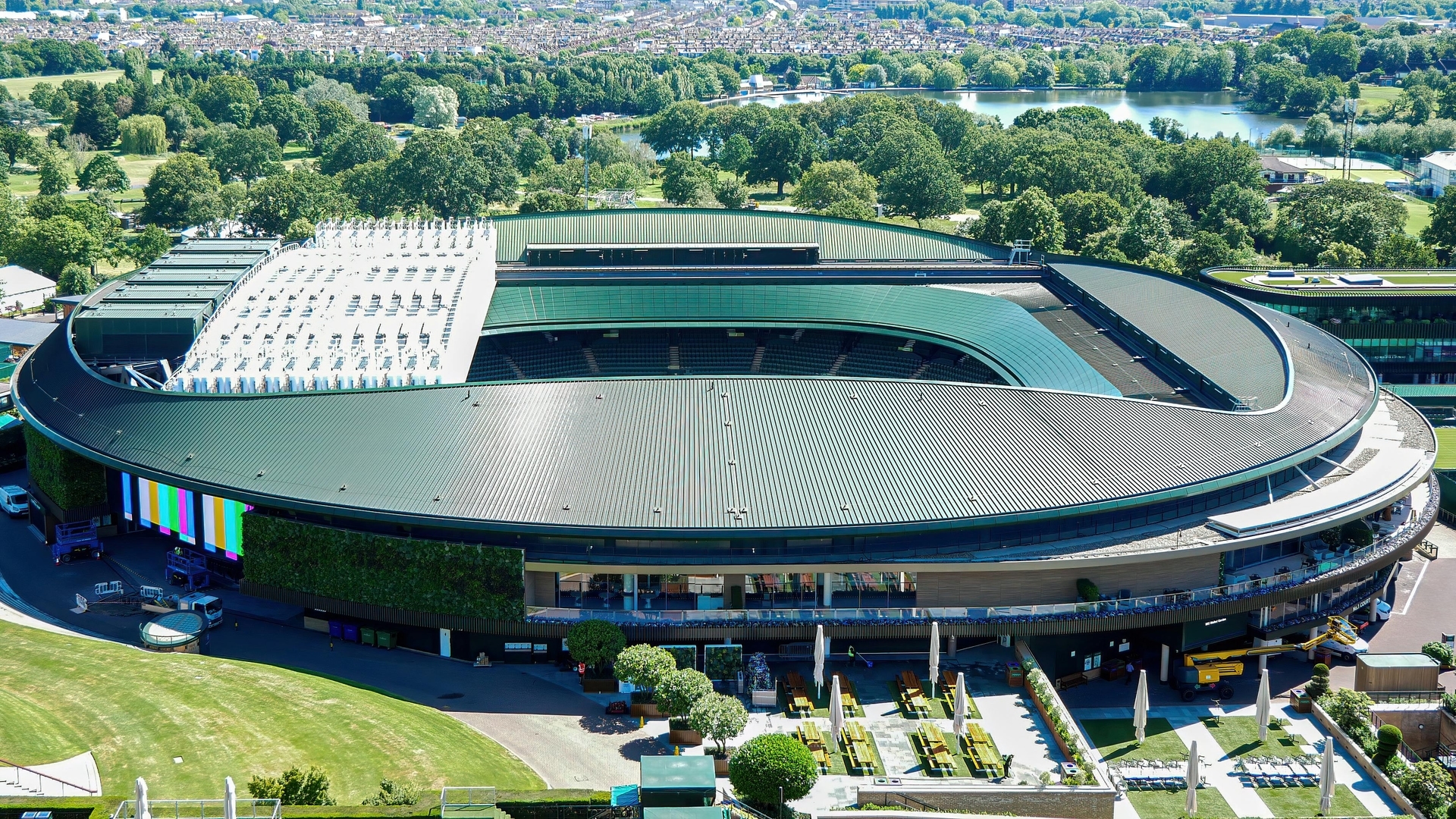 Aerial shot of Wimbledon tennis stadium in summer