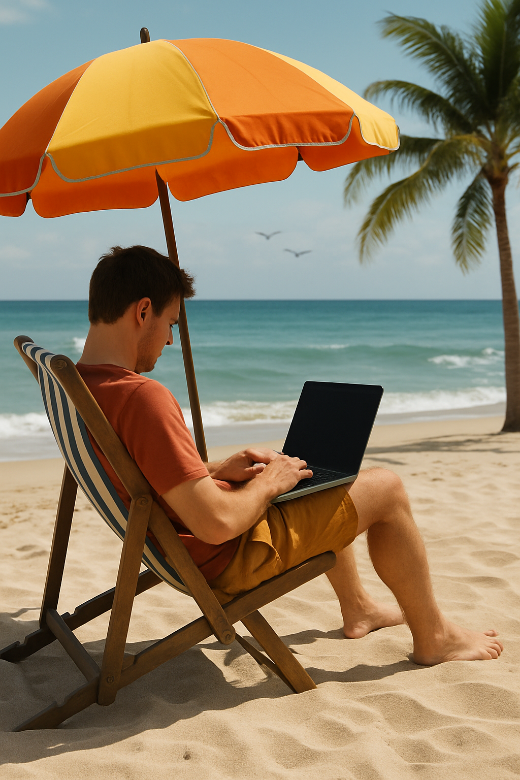 Guy working on laptop at the beach