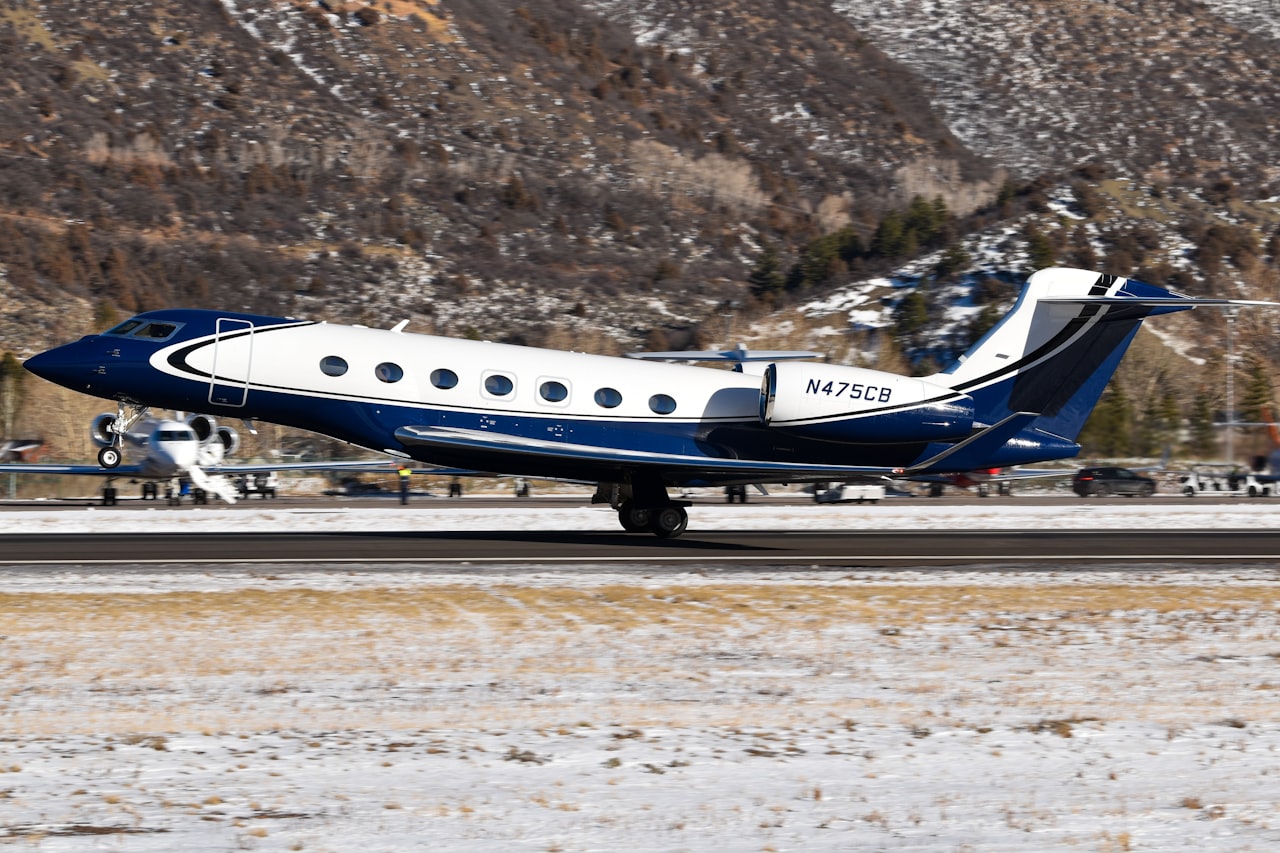 Private jet on a snowy mountain runway