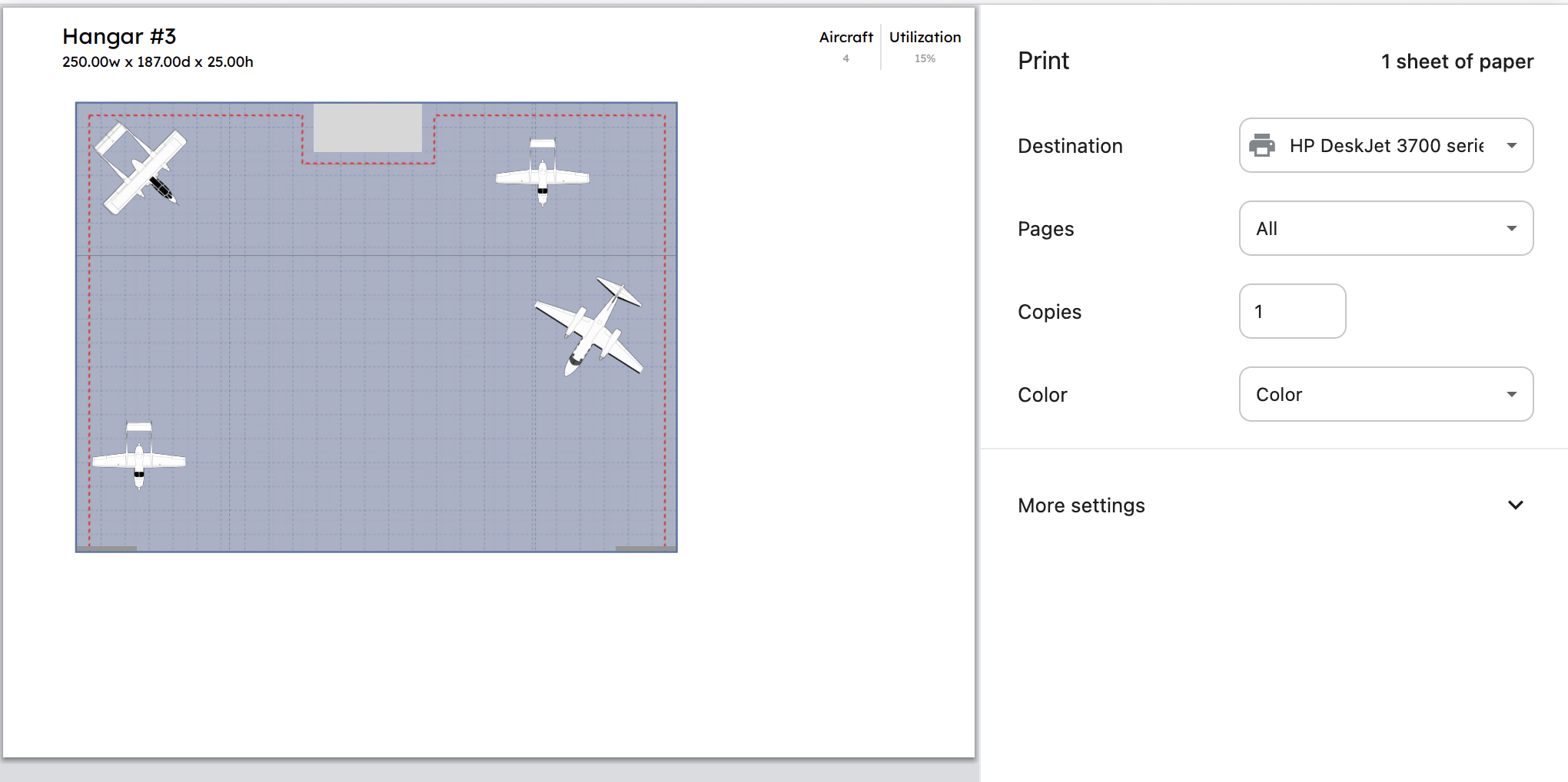 3D Stacking Visualization - Optimized hangar layout showing multiple aircraft efficiently arranged in three-dimensional space
