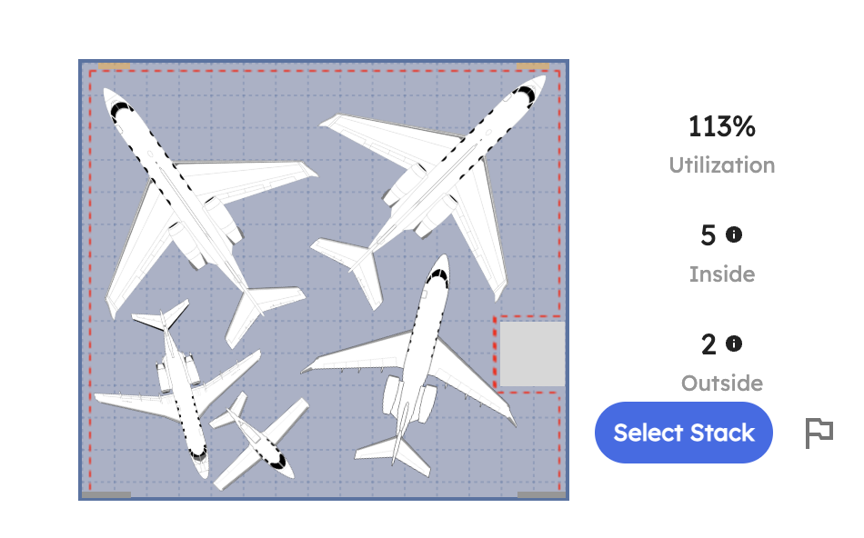 Complex hangar layout with obstacles and constraints