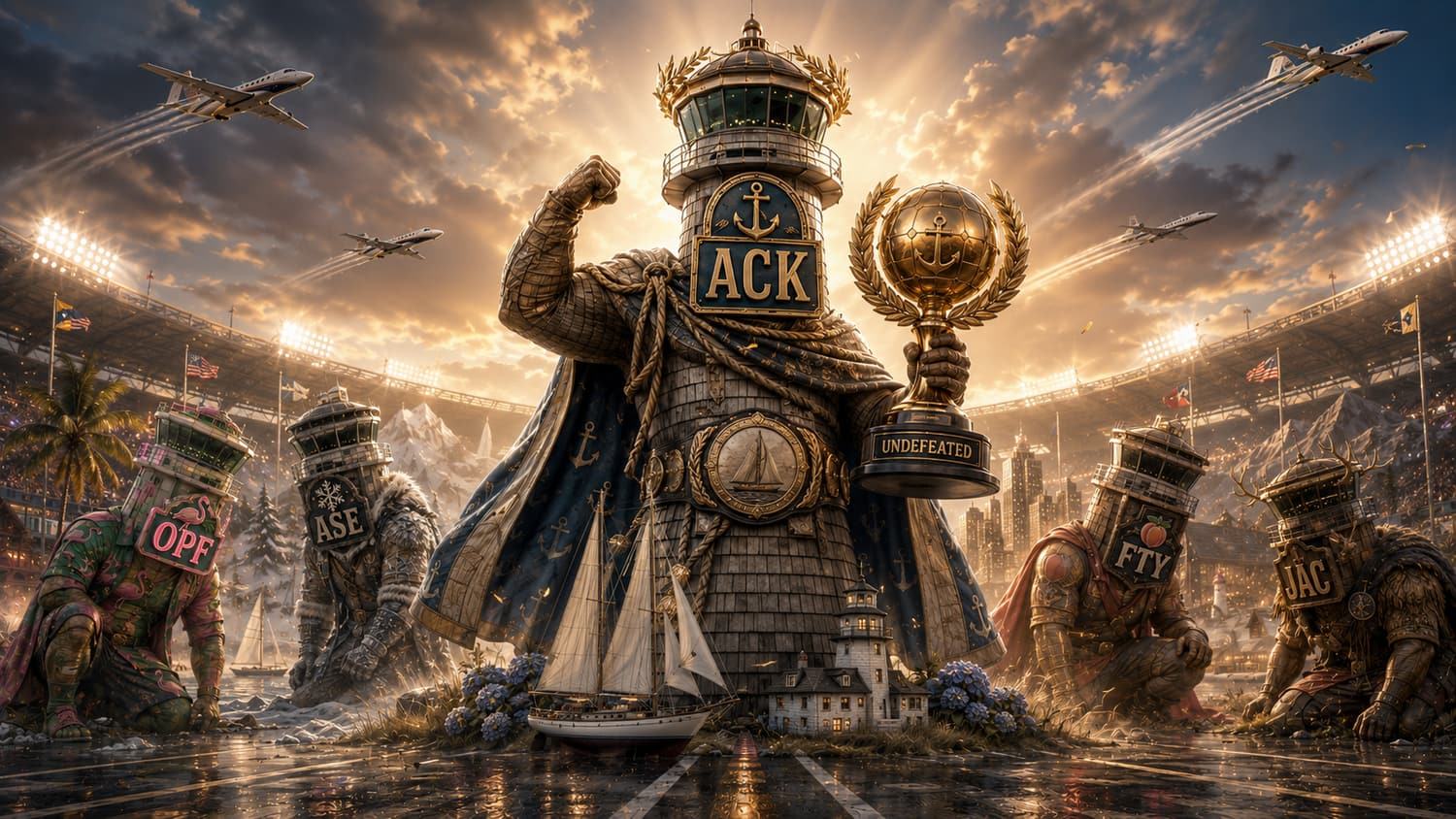 The Nantucket control tower as an armored champion holding an UNDEFEATED trophy, with the Opa-Locka, Aspen, Fulton County and Jackson Hole towers kneeling around it