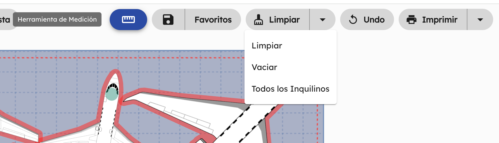 Spanish interface showing toolbar with Limpiar dropdown