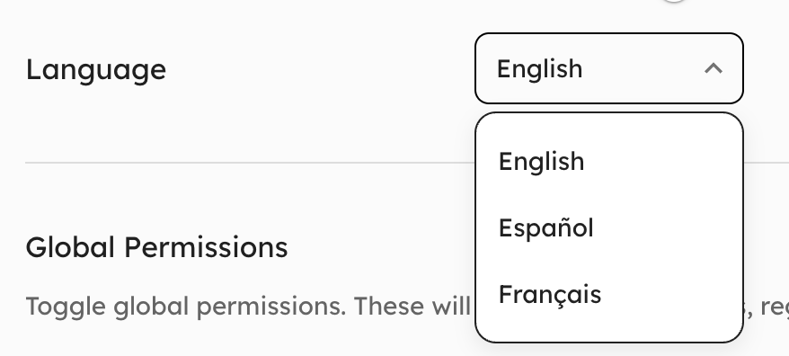 Language selector showing English, Spanish, and French options