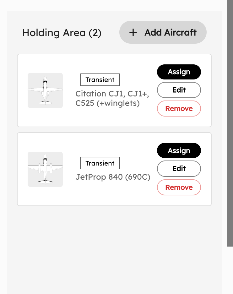 Holding Area with two transient aircraft ready for assignment