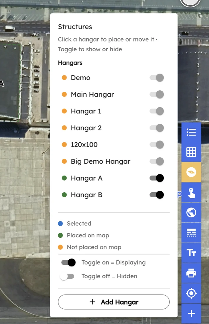 The Structures panel in the AirPlx Base View editor, listing hangars with show and hide toggles and a color key for selected, placed on map, and not placed on map