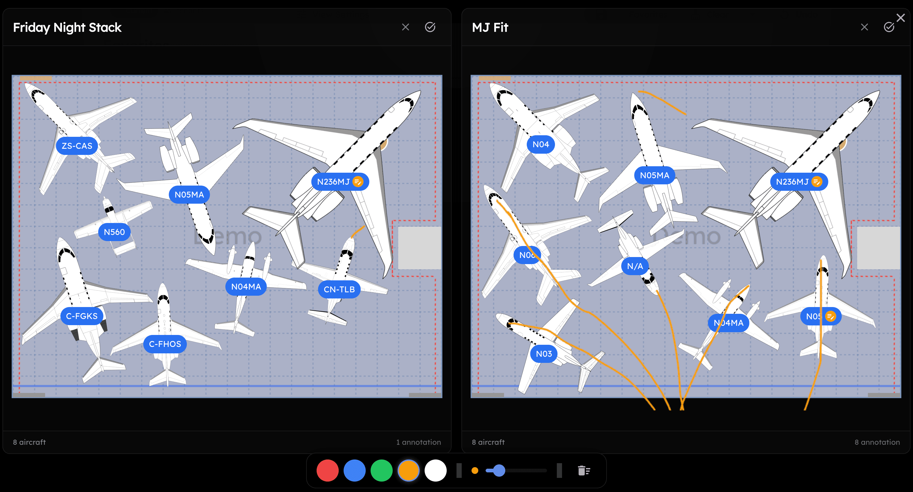 Side-by-side comparison of two hangar layouts: Friday Night Stack vs MJ Fit