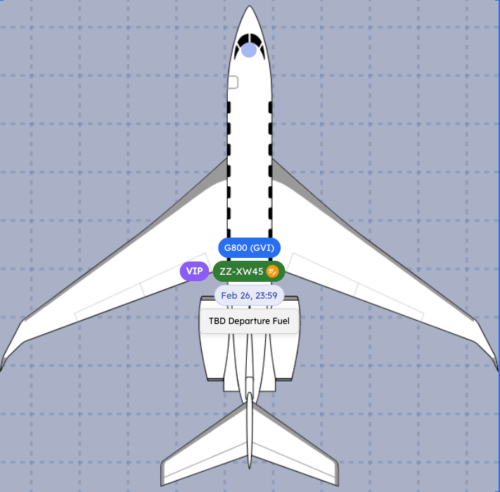 Enhanced label showing aircraft model, tag, tail number, and departure date