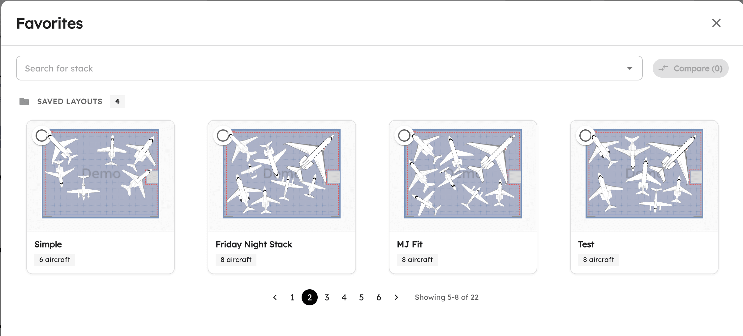 Redesigned Favorites panel showing saved layouts with thumbnail previews and pagination