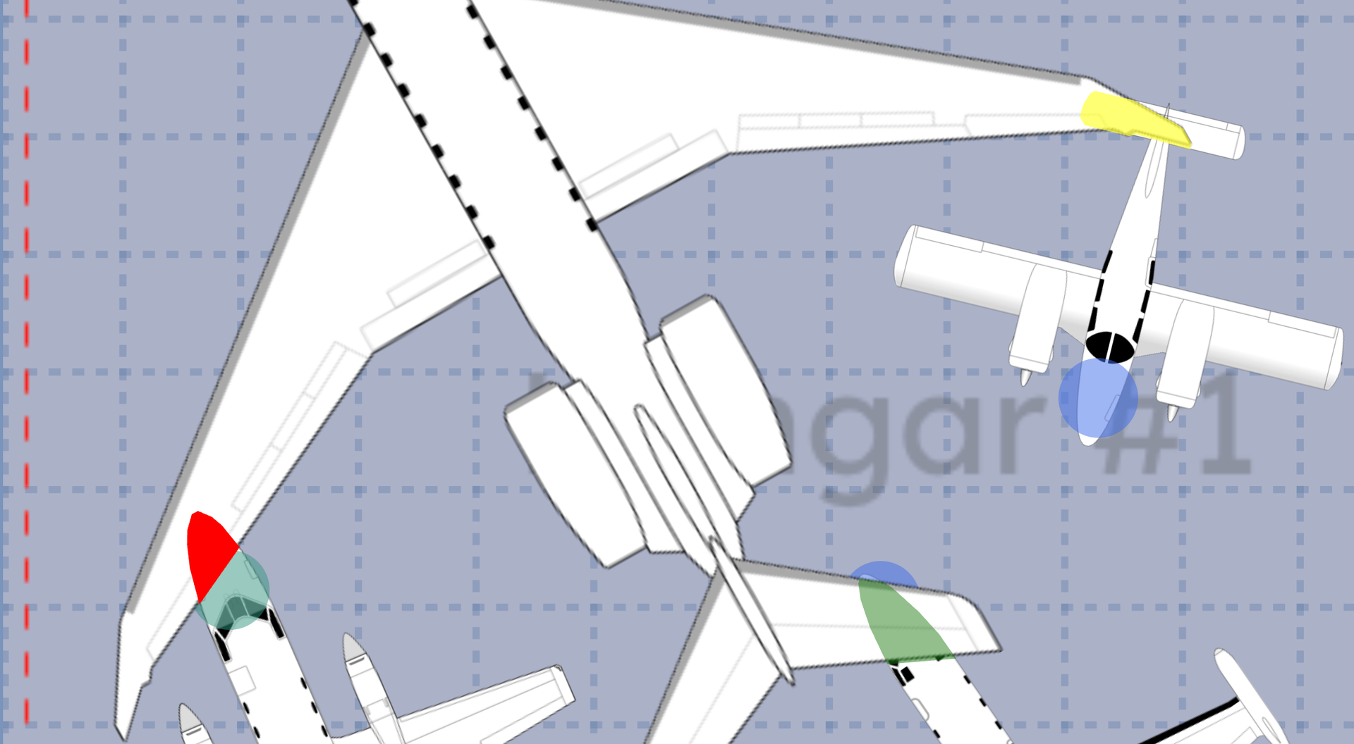 Overlap detection showing red, yellow, and green indicators across multiple aircraft
