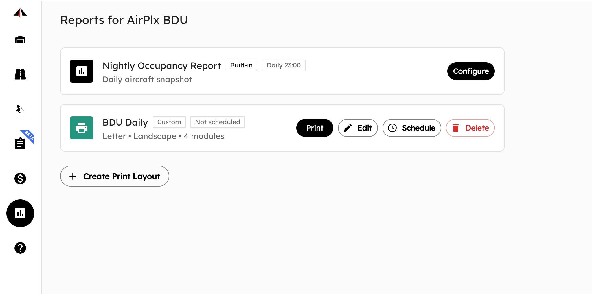 Reports page showing Nightly Occupancy Report and custom BDU Daily report