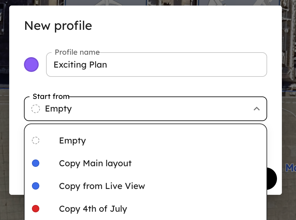 The New profile dialog with the Start from dropdown open on Copy from Live View