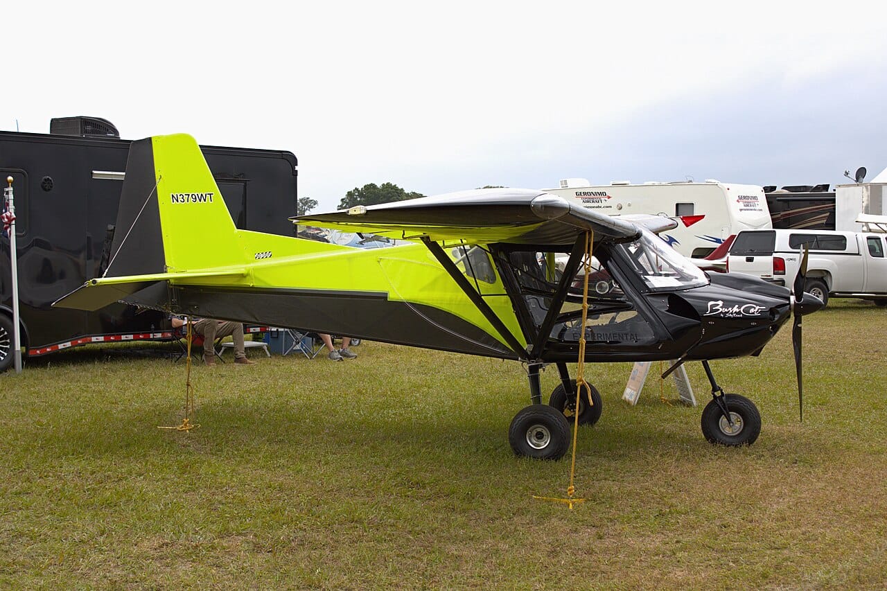 A SkyReach BushCat light sport aircraft tied down on grass
