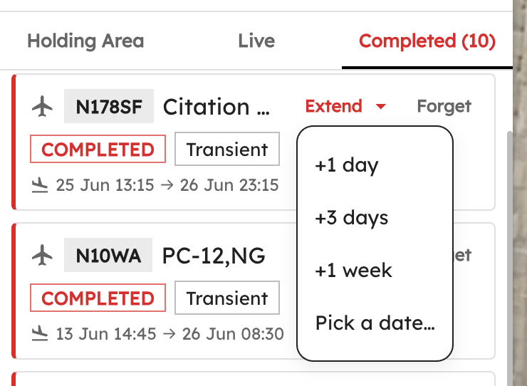 Completed Trips in the sidebar with extend and forget options