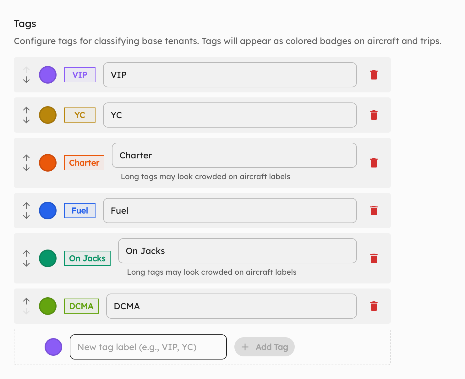 Tag configuration interface showing how to add and customize tags