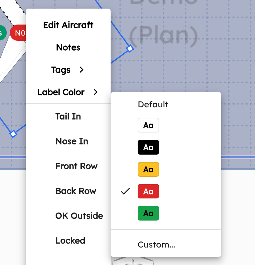 Custom label color picker showing predefined colors and a custom color option