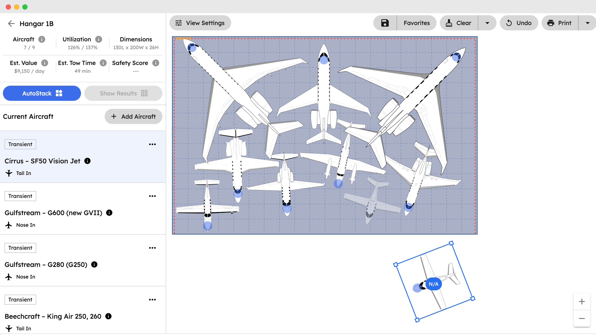 AirPlx hangar planning workspace: aircraft list on the left with tail types and nose-in or tail-in orientation, utilization and tow-time statistics along the top, and the hangar layout with placed aircraft