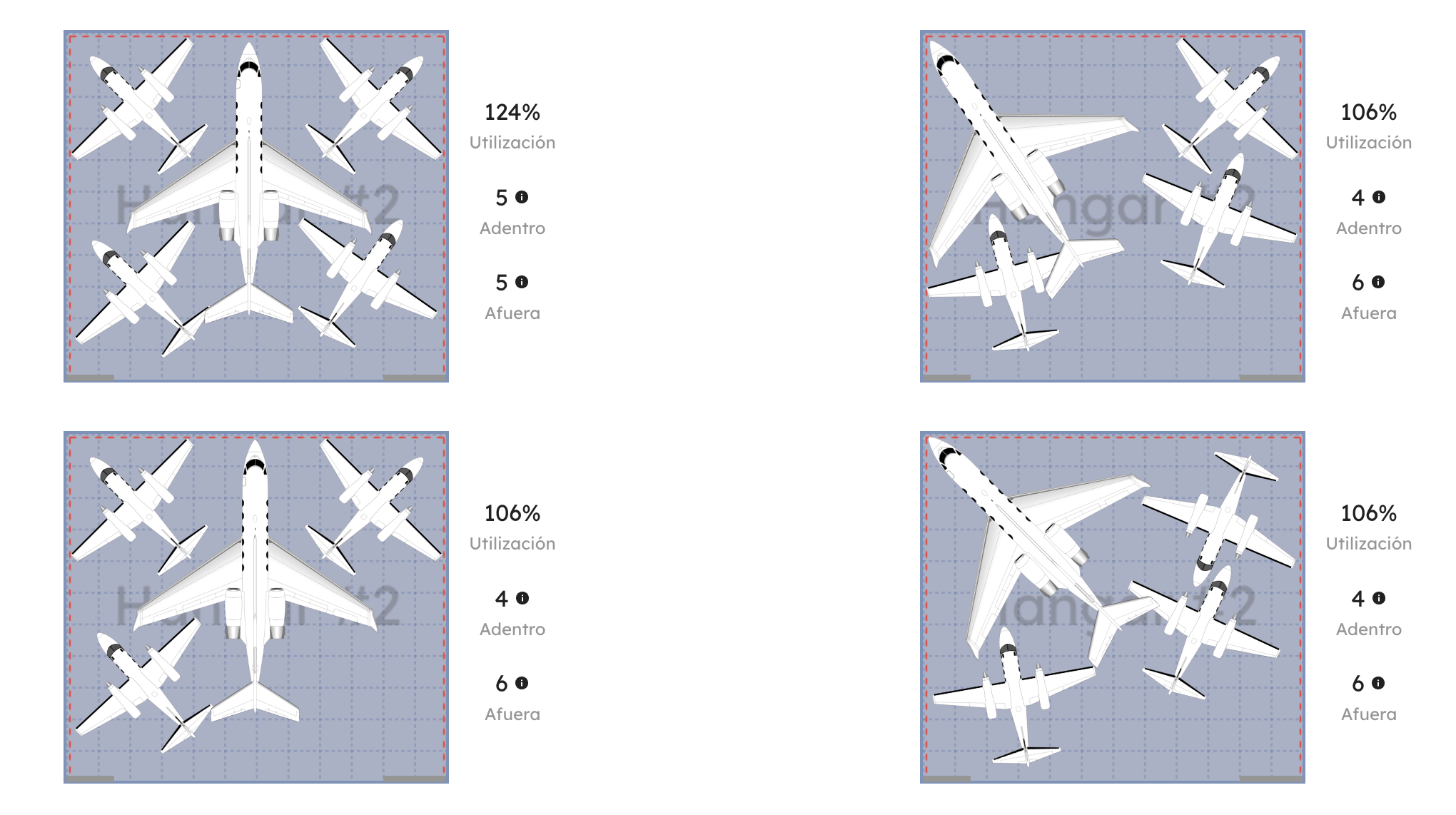 AirPlx hangar stacking interface in Spanish