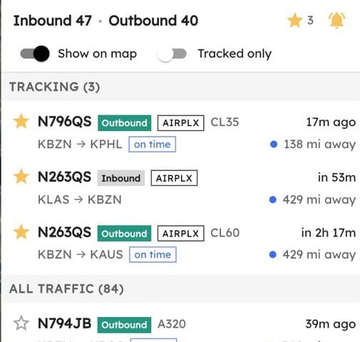 The AirPlx ADS-B panel listing tracked tails with their route, distance out and time to arrival
