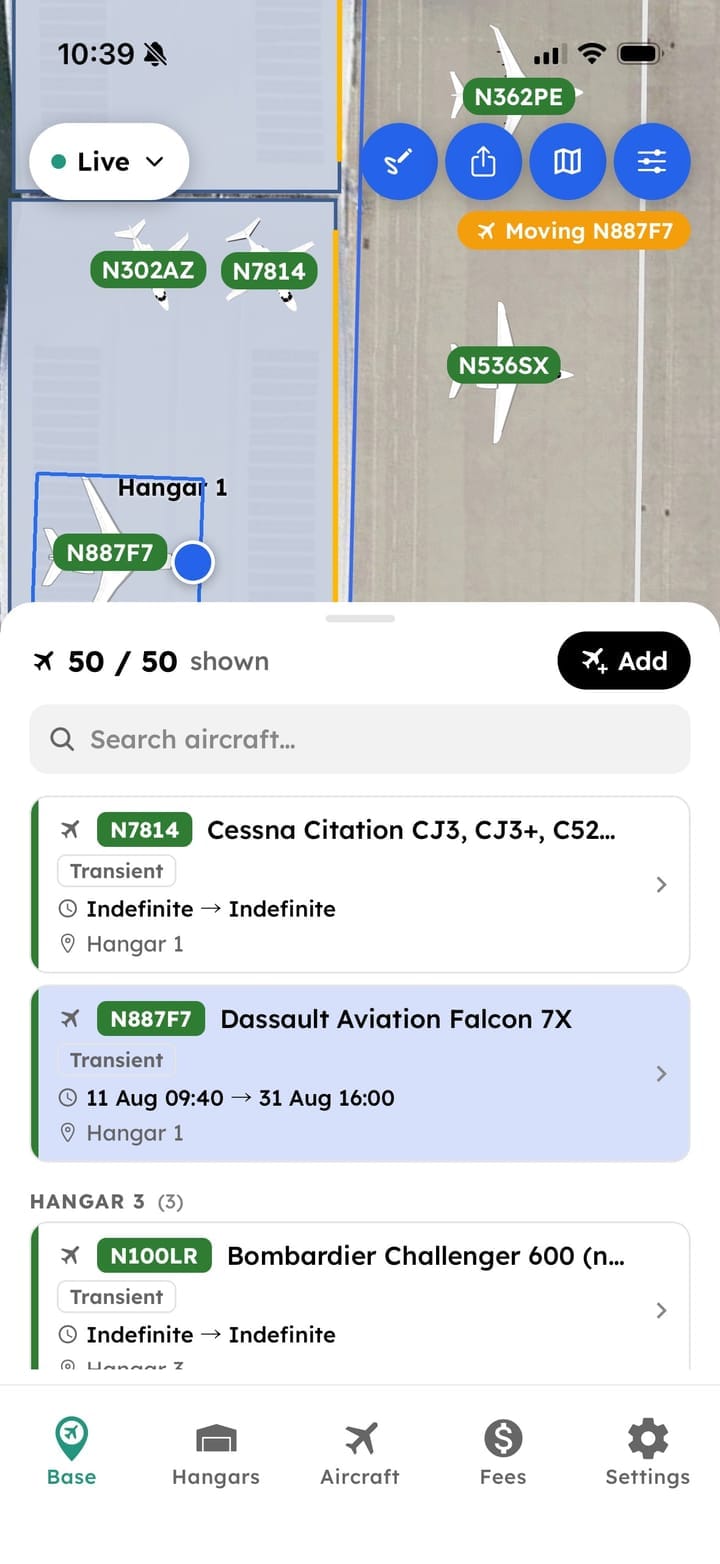 The aircraft list in AirPlx on a phone: a search field above every aircraft on base, each row giving its tail number, type, whether it is transient or a tenant, its dates on base and which hangar it is in