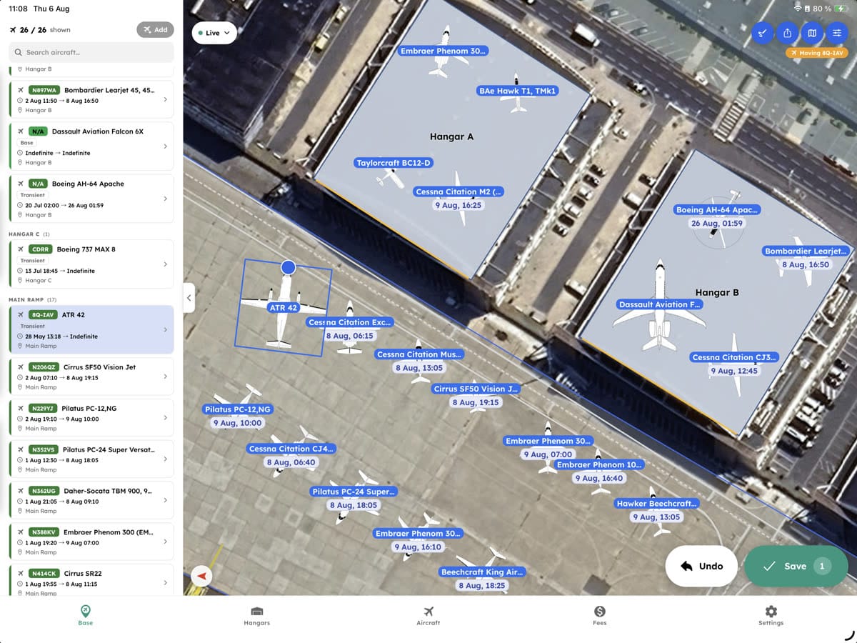 AirPlx Base View on an iPad: every aircraft on base listed down the left by hangar, beside a satellite view of the field with Hangar A, B and C outlined and each aircraft labeled with its tail number