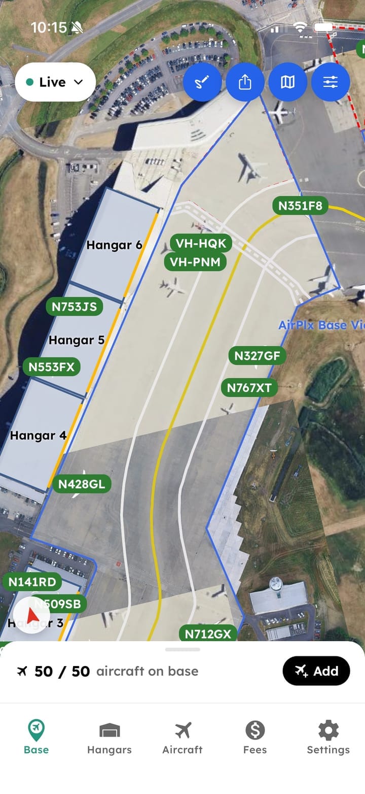 AirPlx Base View on a phone: three hangars and the whole ramp on satellite, every aircraft labeled with its tail number, a Live toggle at the top and 50 of 50 aircraft on base along the bottom