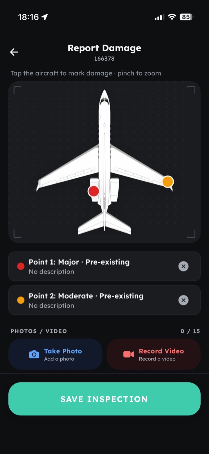 AirPlx damage report on a phone for tail 166378: a top-down aircraft diagram with two points tapped on the airframe, listed below as a major and a moderate pre-existing finding, above Take Photo and Record Video buttons and Save Inspection