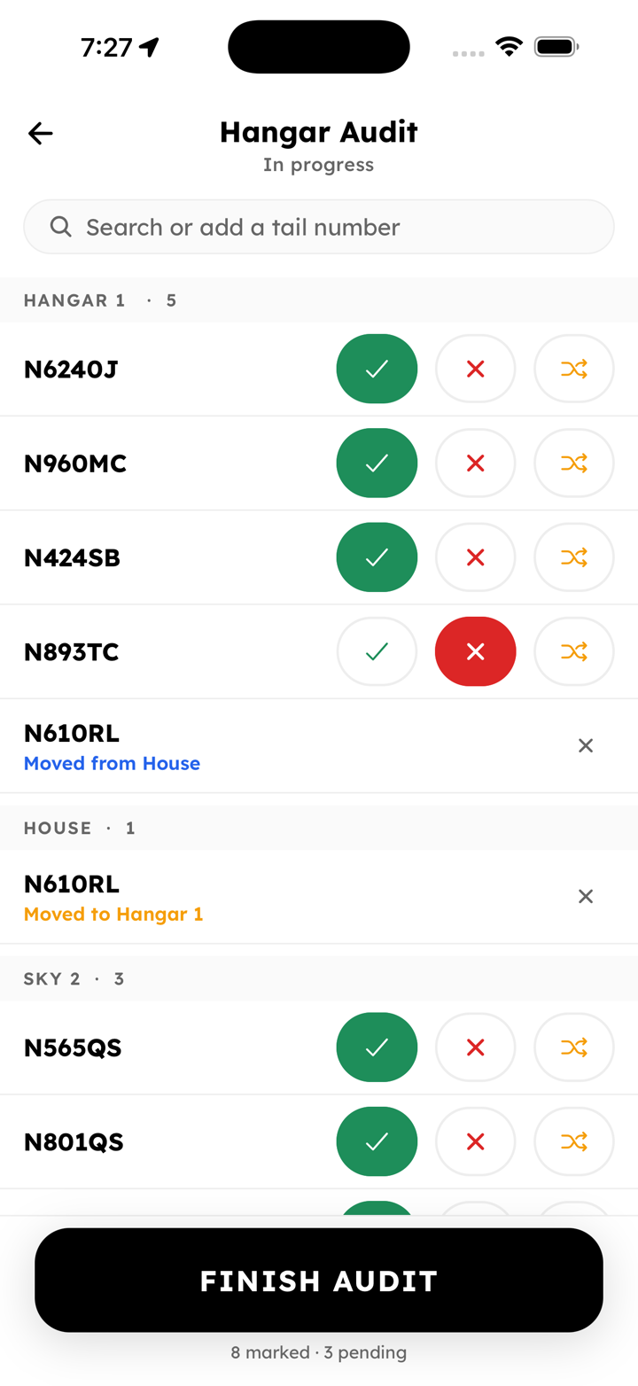 AirPlx hangar audit on a phone: tail numbers grouped by hangar, each marked present, missing or moved, with eight marked and three pending