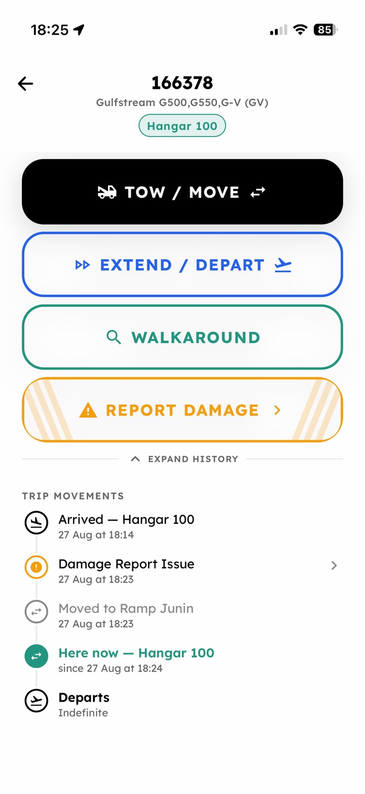 AirPlx on a phone for tail 166378, a Gulfstream G500 in Hangar 100: Tow / Move, Extend / Depart, Walkaround and Report Damage as full-width buttons, above a trip timeline logging its arrival in Hangar 100, a damage report issue, a move to Ramp Junin, where it is now, and an indefinite departure