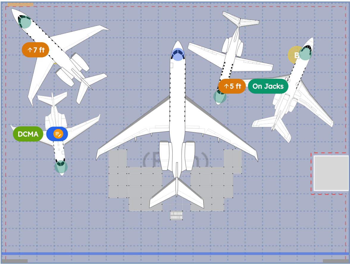 An AirPlx hangar layout for a maintenance operation: a large aircraft positioned over its maintenance docks in the center, four business jets arranged around it, and status labels reading On Jacks and clearances of 5 and 7 feet