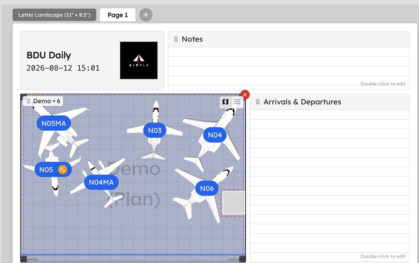 The AirPlx report page builder in landscape letter format, with a header block titled BDU Daily, a hangar map showing six labeled aircraft, and notes and arrivals and departures panels ready to fill in
