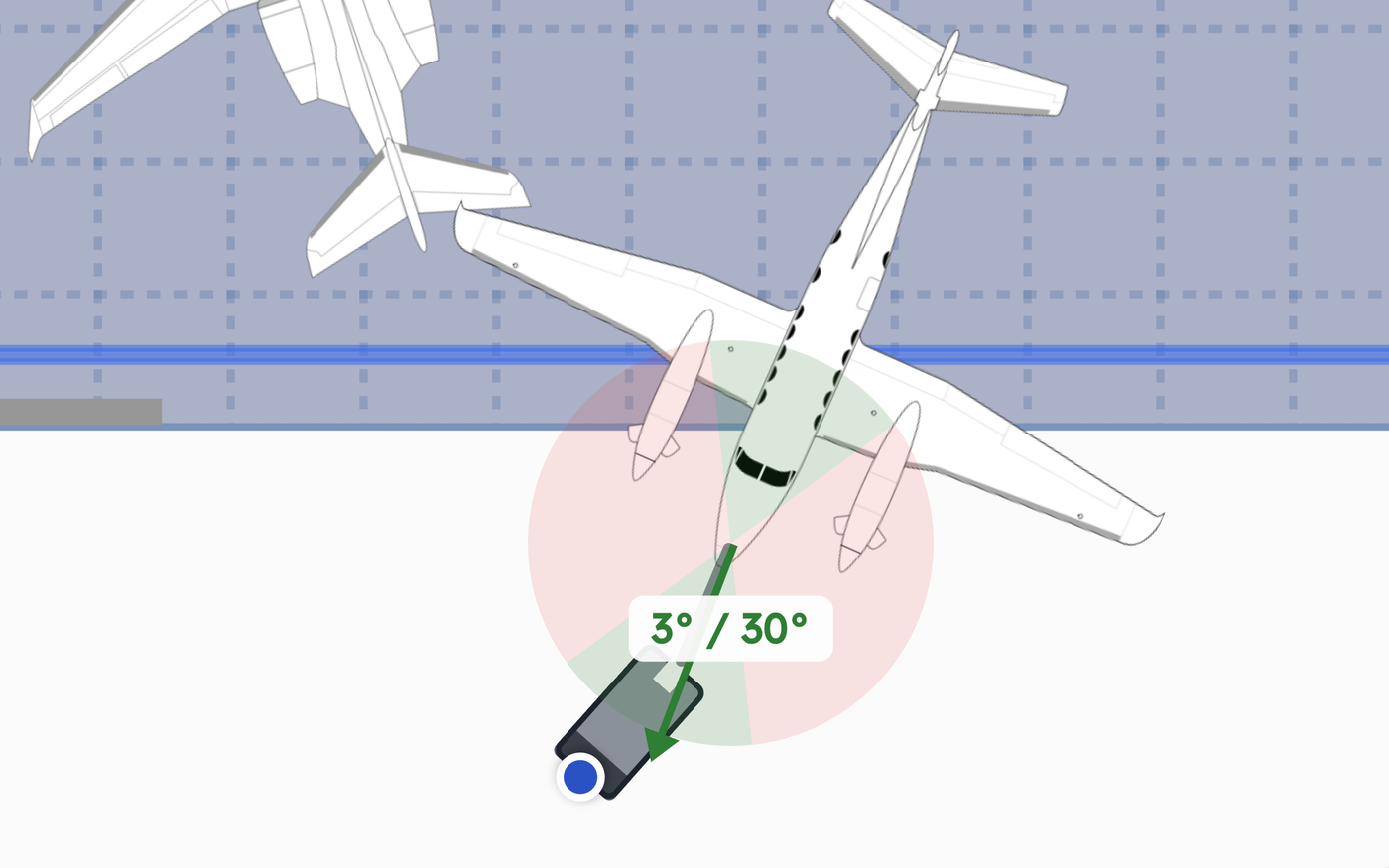 AirPlx base view showing a business jet part way out of a hangar, a tug and towbar connected at its nose gear, the tow path drawn as a green arrow, and the turn reading 3 degrees against the aircraft's 30 degree steering limit