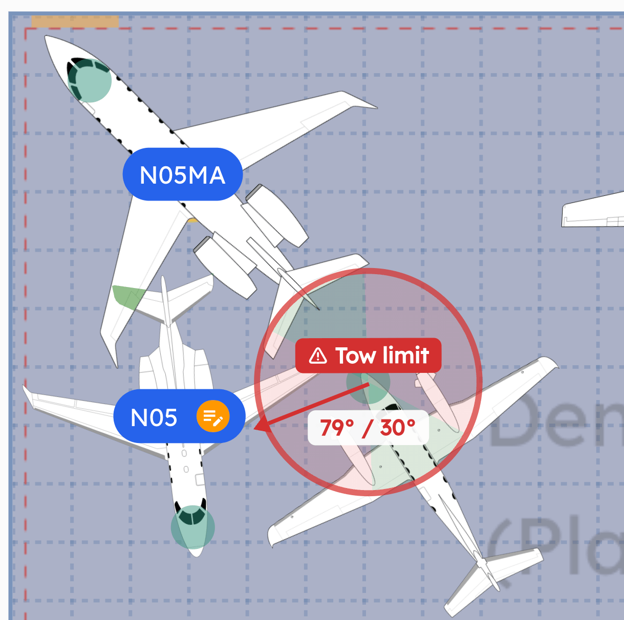 An AirPlx hangar layout with three parked business jets, one circled in red and marked Tow limit, showing 79 degrees required against a 30 degree steering limit