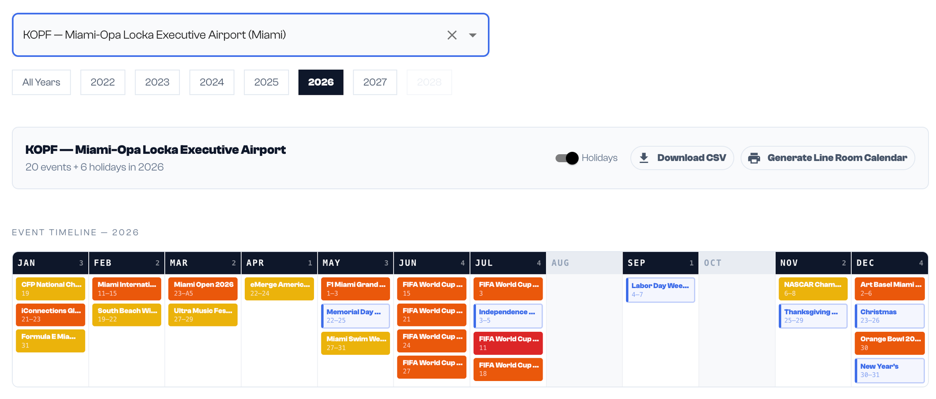 Screenshot of the AirPlx private aviation event calendar timeline view for an FBO operator